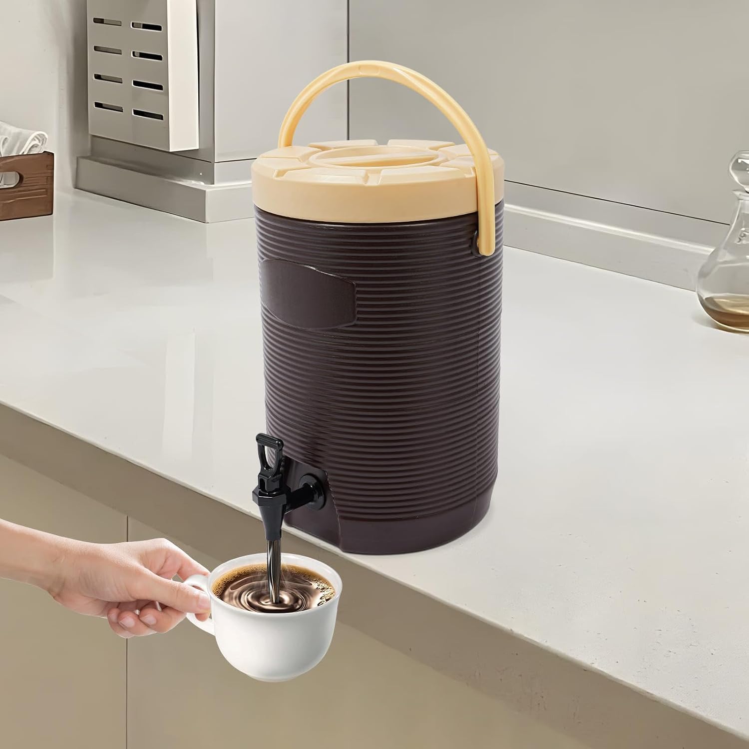 Insulated Beverage Dispenser - 4.5 Gal Stainless Steel Hot and Cold Drink Dispenser with Spigot & Handle, Commercial Thermal Container for Water Coffee Drink Catering Restaurant (Brown)