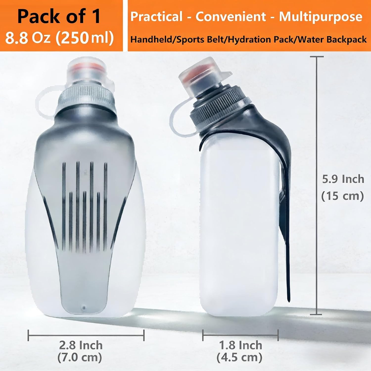 Water Bottle for Running No-Bounce with Quick-Clip & Dust-Proof Cap 8.8oz(250ml) BPA-Free Soft Flask for Running Walking Hiking Cycling(1 Pack)