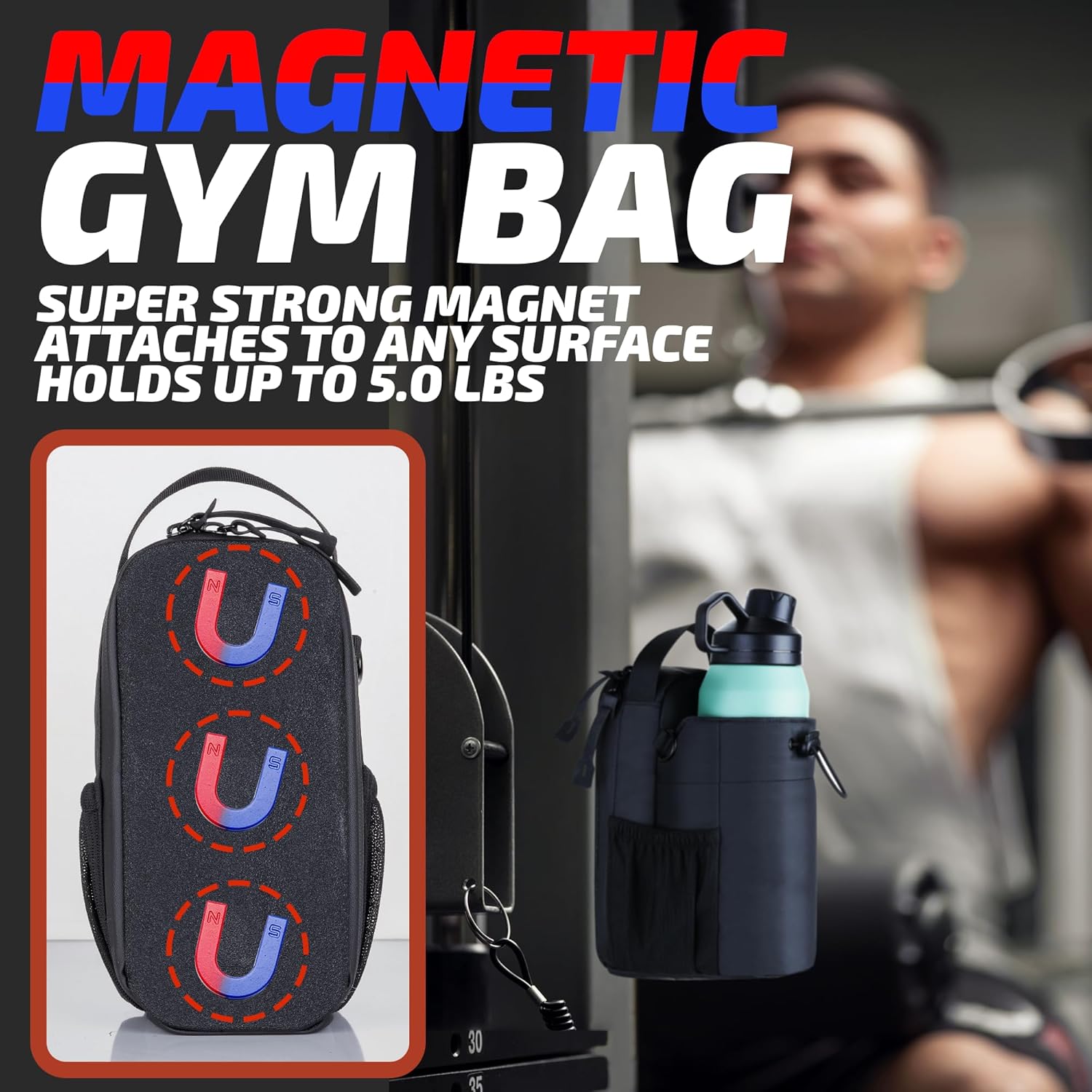 Magnetic Gym Bag Women and Men | Compact Sling Bag with Phone Pocket, Strong Magnet Base, and 46oz Holder | Water Bottle Holder for Gym and Crossbody Bag Organizer