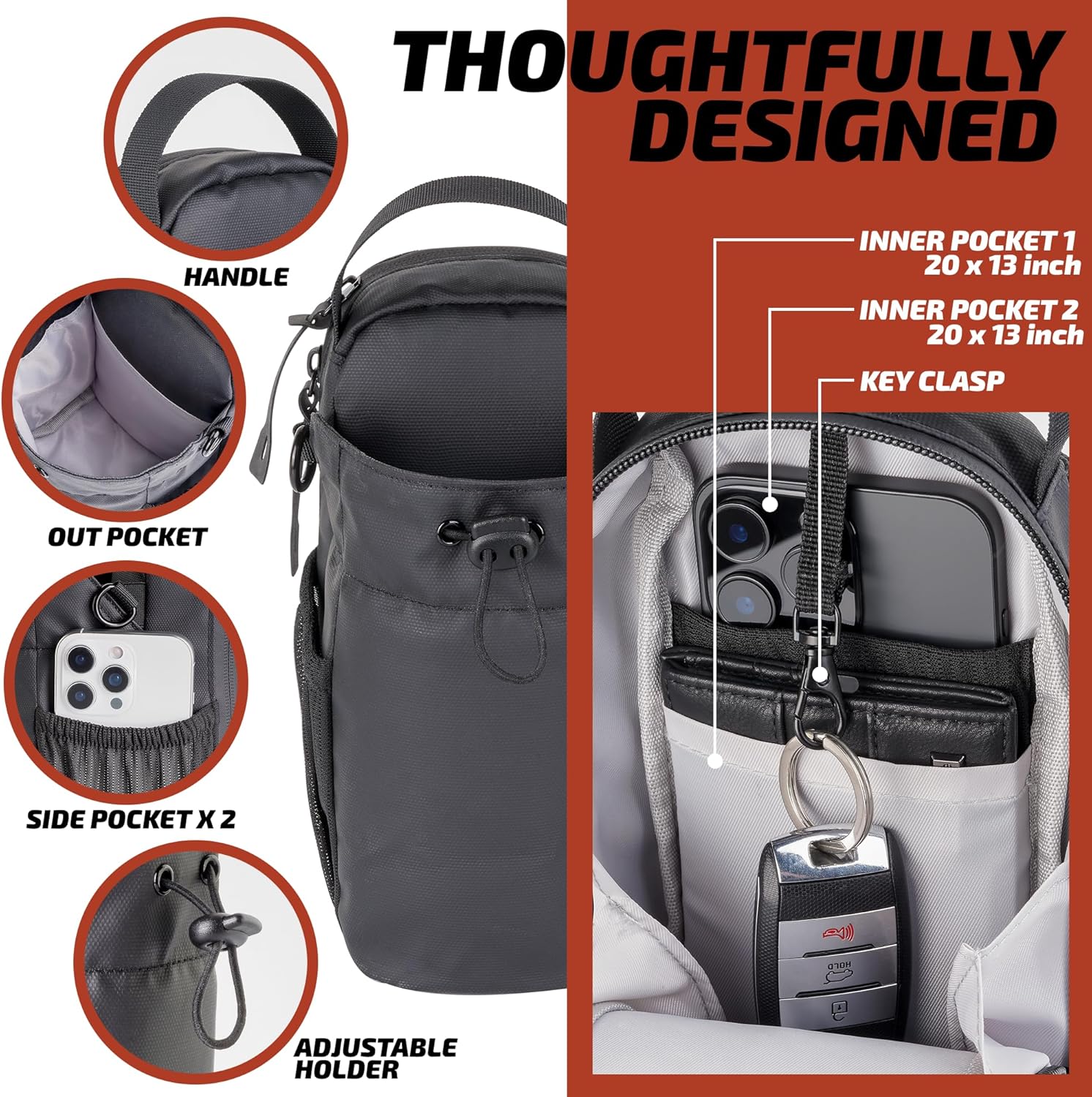 Magnetic Gym Bag Women and Men | Compact Sling Bag with Phone Pocket, Strong Magnet Base, and 46oz Holder | Water Bottle Holder for Gym and Crossbody Bag Organizer