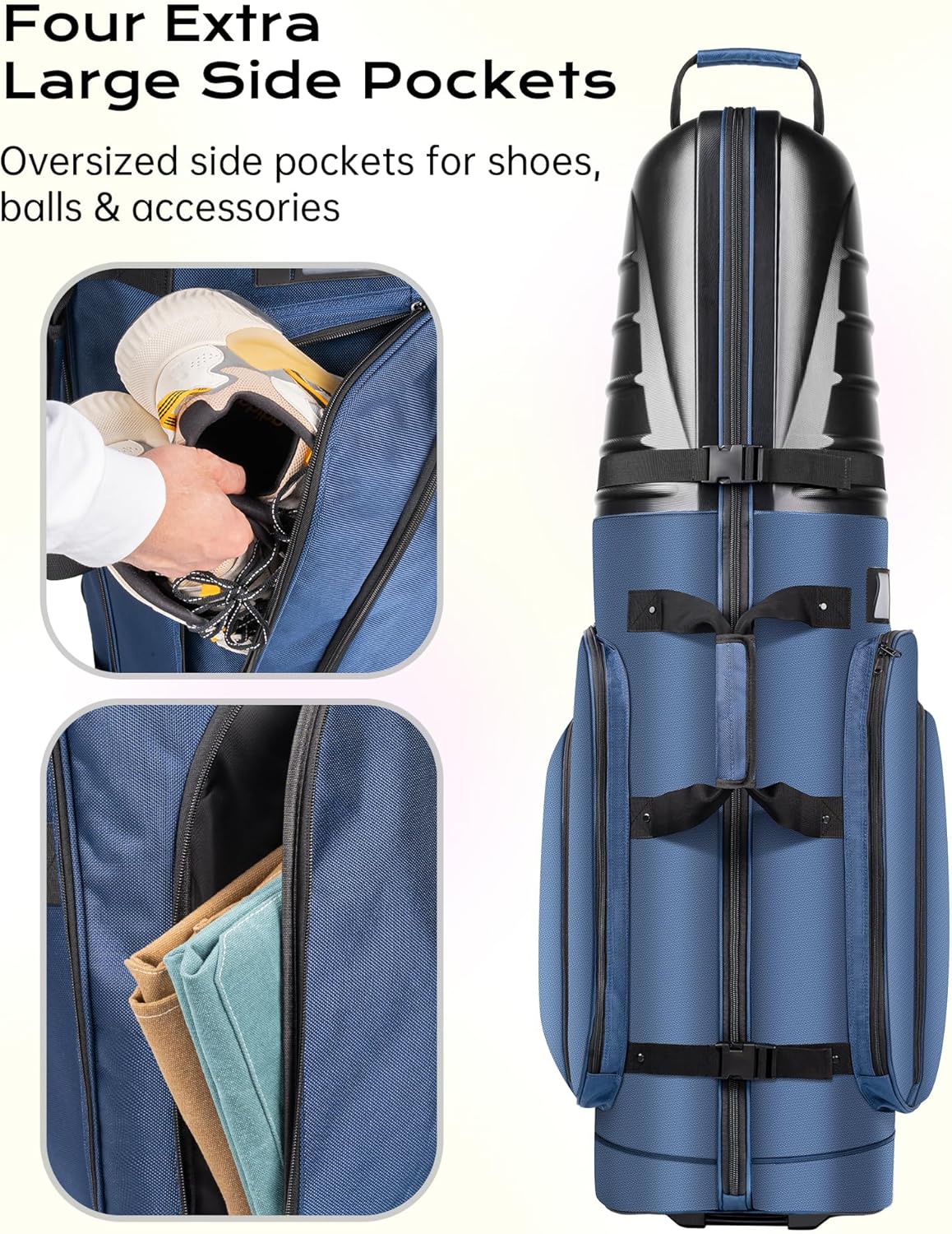 Golf Travel Bag for Airlines, ABS Hard Shell Top, 1680D Oxford Cloth, 4 Side Pockets, Two 4 Inch Wheels, Lockable Zippers, Foldable Club Travel Case